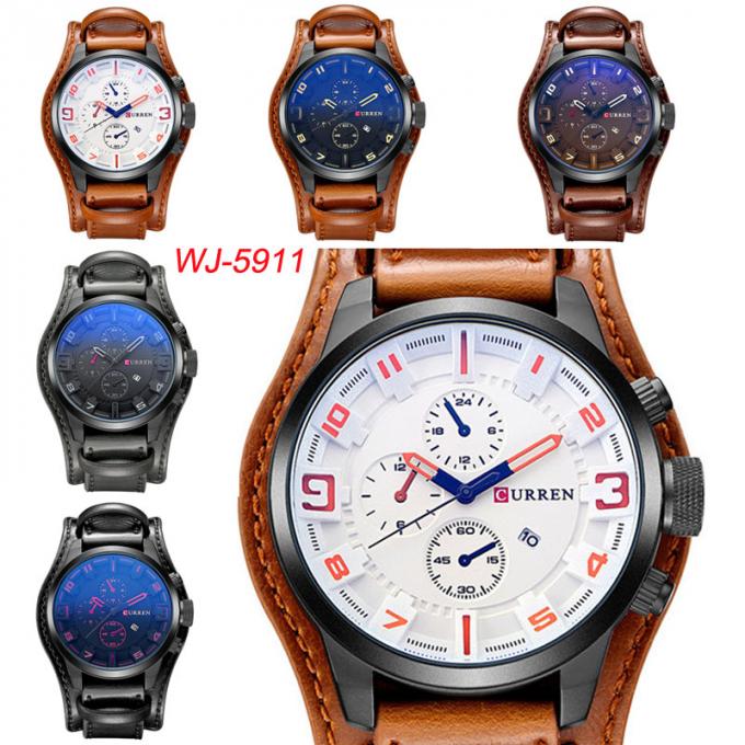 Relógio de pulso leve azul impermeável do couro de quartzo do relógio do calendário do seletor dos homens ocasionais da parte alta de WJ-5911 CURREN 8225