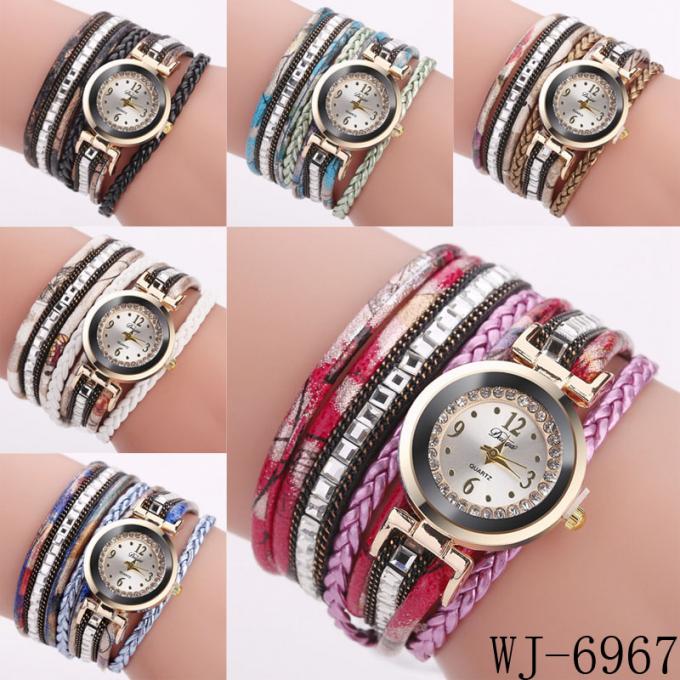Relógios de pulso de couro da pulseira dos handwatches do bracelete das flores dos relógios das mulheres do diamante da forma WJ-7029