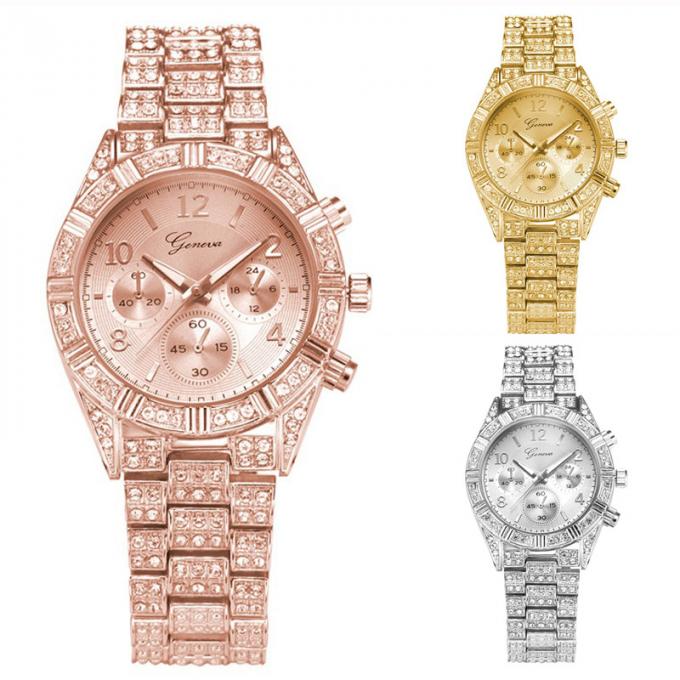 Relógios luxuosos da joia do relógio de pulso da senhora Relógio de pulso Liga Mulher do ouro da forma do estoque da fábrica de WJ-6433 Yiwu para a fêmea