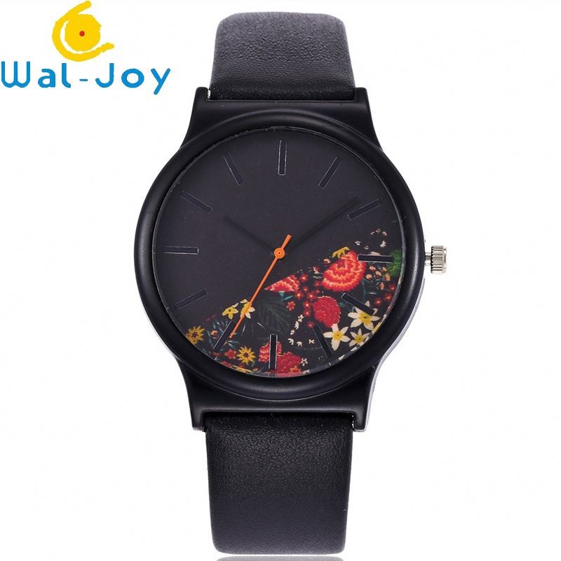 WJ-6737 Alibaba China ODM Watch Novel Flower Dial Black Leather Women's Simple Vintage Quartz Watch